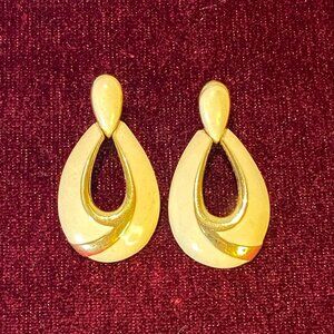 Vintage Napier Cream Enamel Gold Drop Earrings